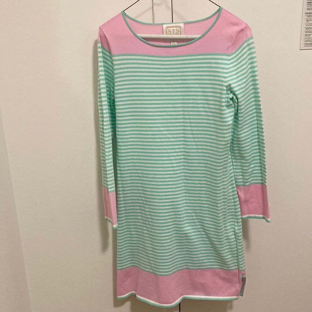 Sail To Sable Cotton Blend Knit Dress with Long Sleeves. Mint green/pink stripe.